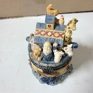 Charming Noah's Ark Figurine with Blue and Cream Accents mini jewelry trinke box